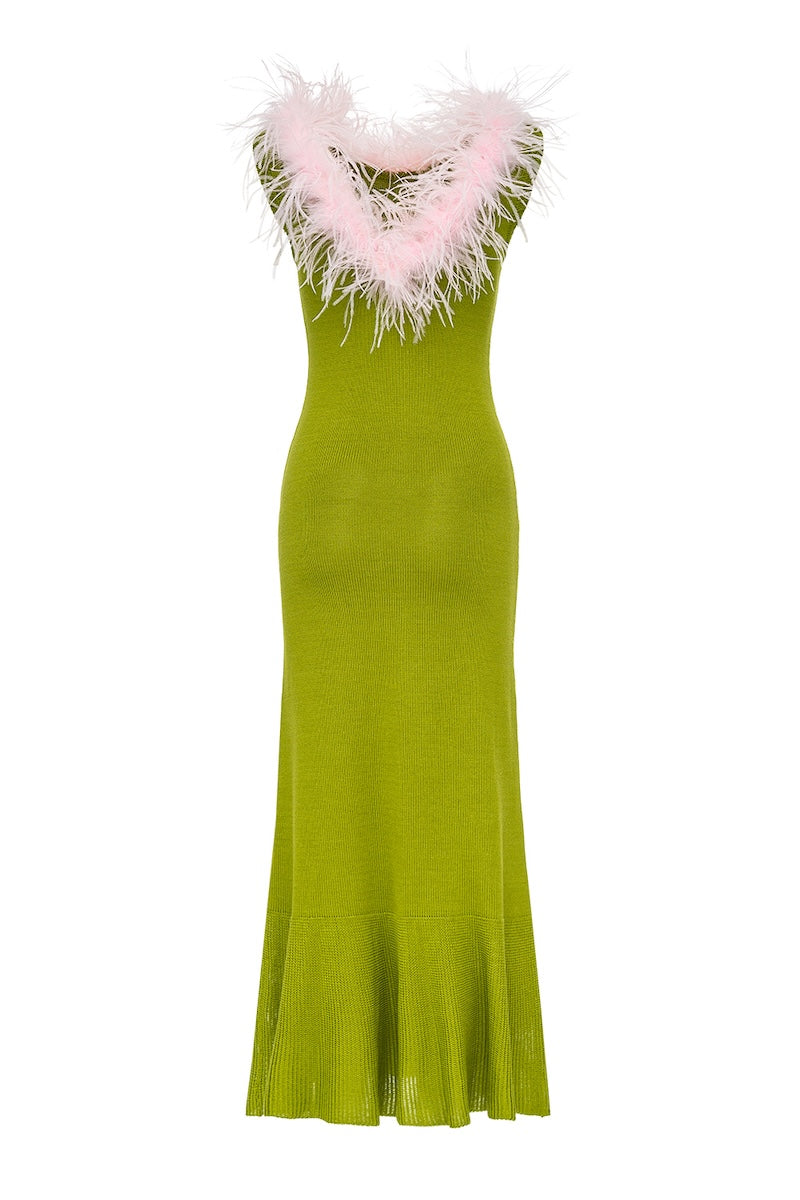 CHRYSANTHEMUM GREEN KNIT DRESS WITH PINK FEATHERS DETAILS - CULT MIA