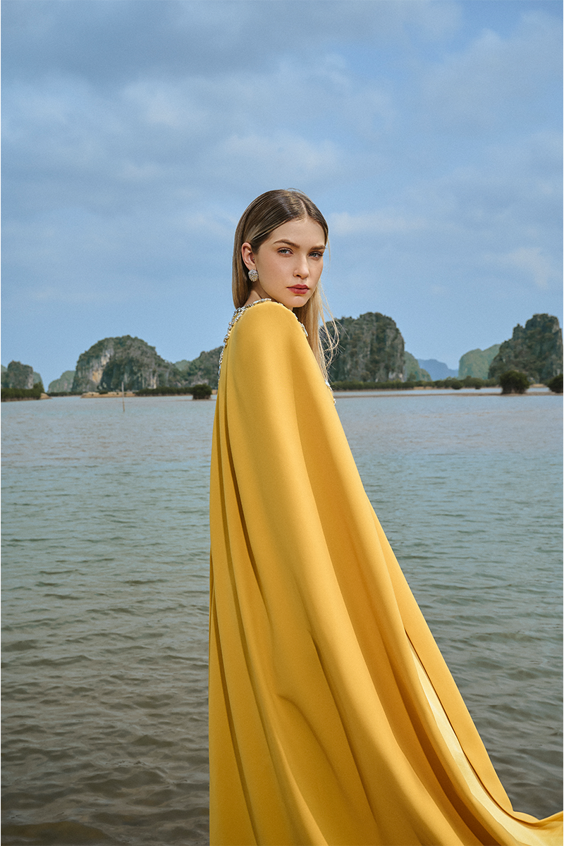 YELLOW STONE EMBELLISHED CAPE AND BODYCON GOWN SET - CULT MIA