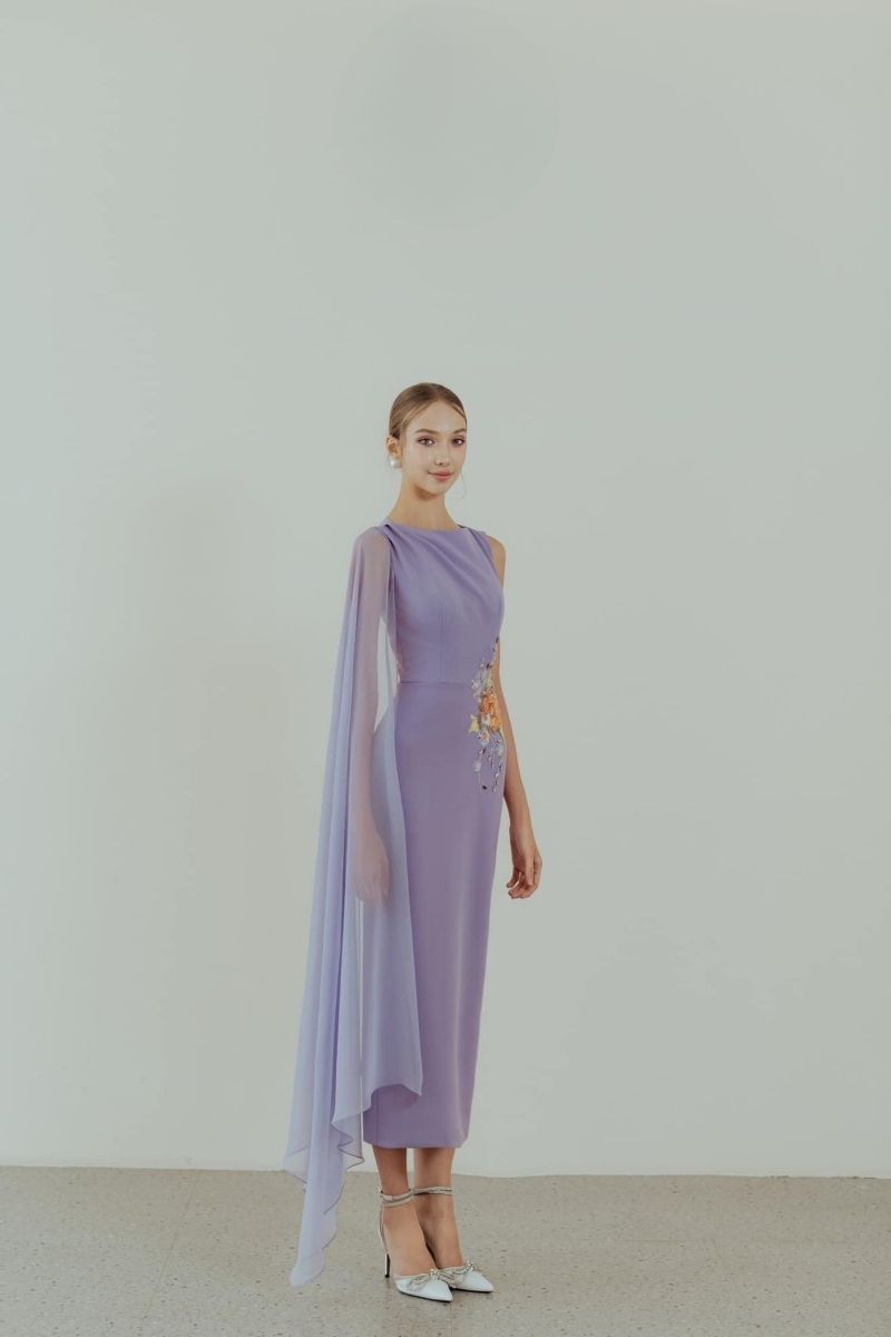 CHARMIE VIOLET EMBROIDERED PENCIL MIDI DRESS - CULT MIA