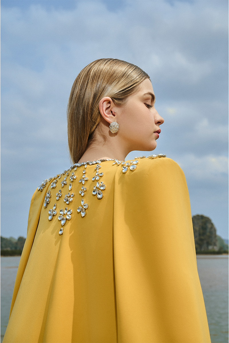 YELLOW STONE EMBELLISHED CAPE AND BODYCON GOWN SET - CULT MIA