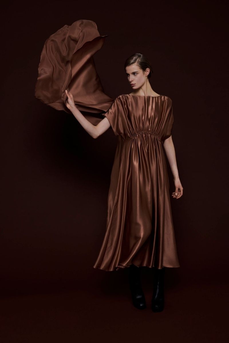 CAPE-EFFECT DRESS IN BROWN - CULT MIA