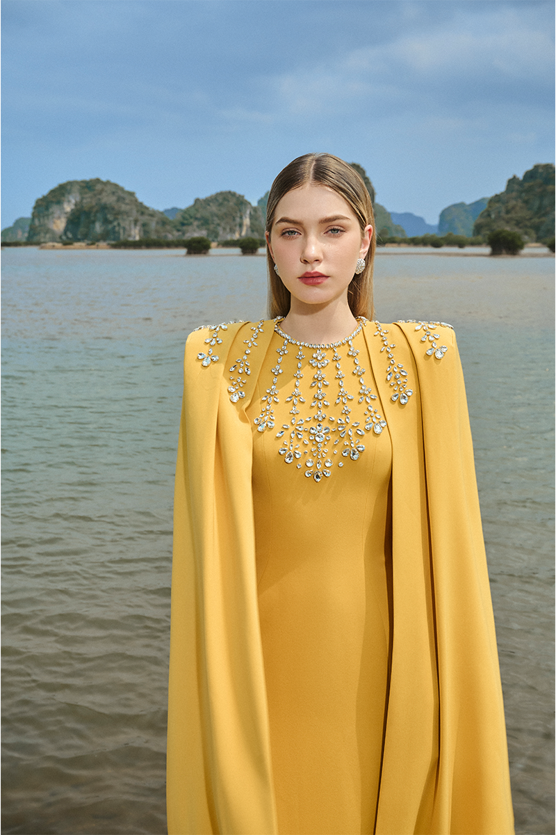 YELLOW STONE EMBELLISHED CAPE AND BODYCON GOWN SET - CULT MIA