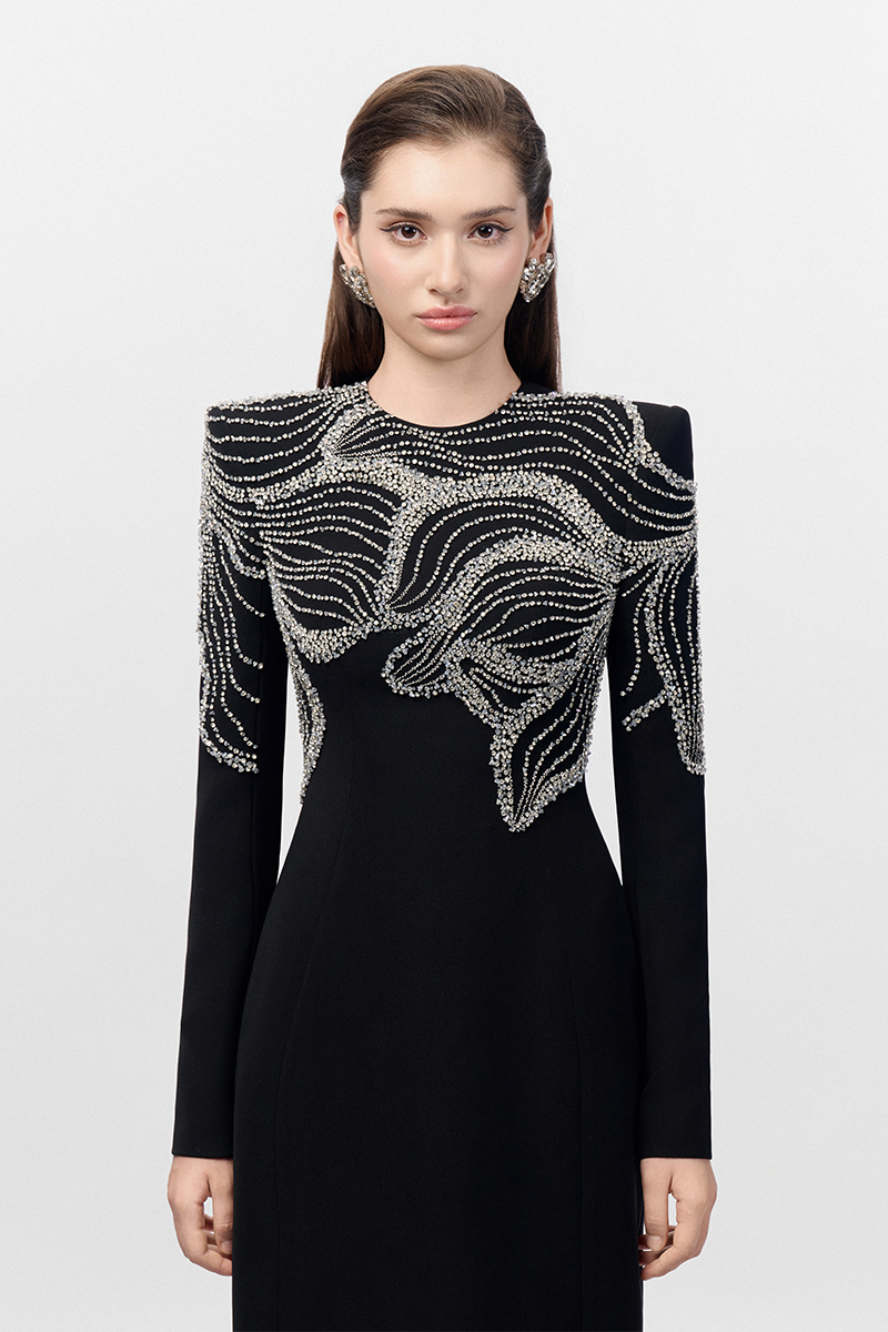 CRYSTAL EMBELLISHED SHOULDER STRAIGHT DRESS - CULT MIA