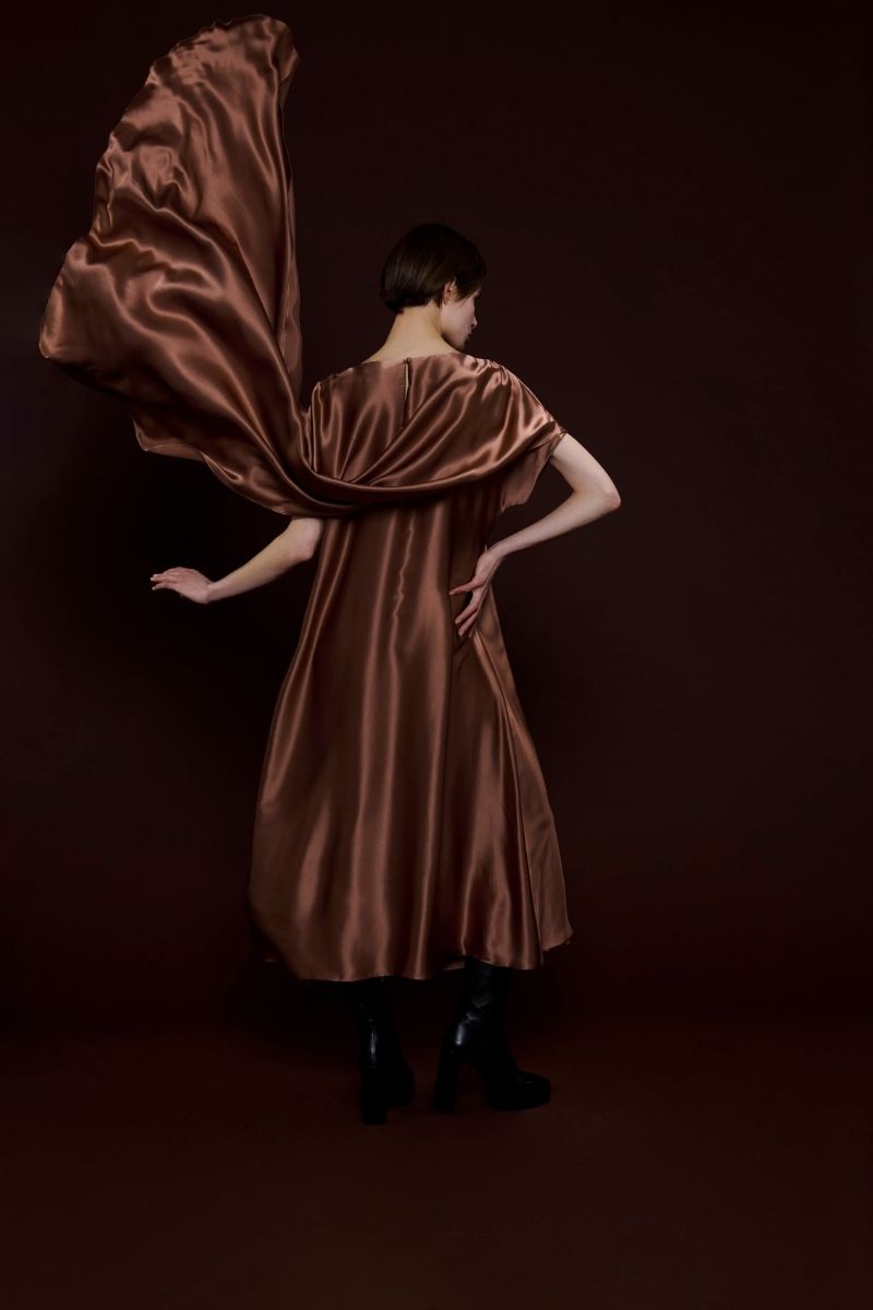 CAPE-EFFECT DRESS IN BROWN - CULT MIA