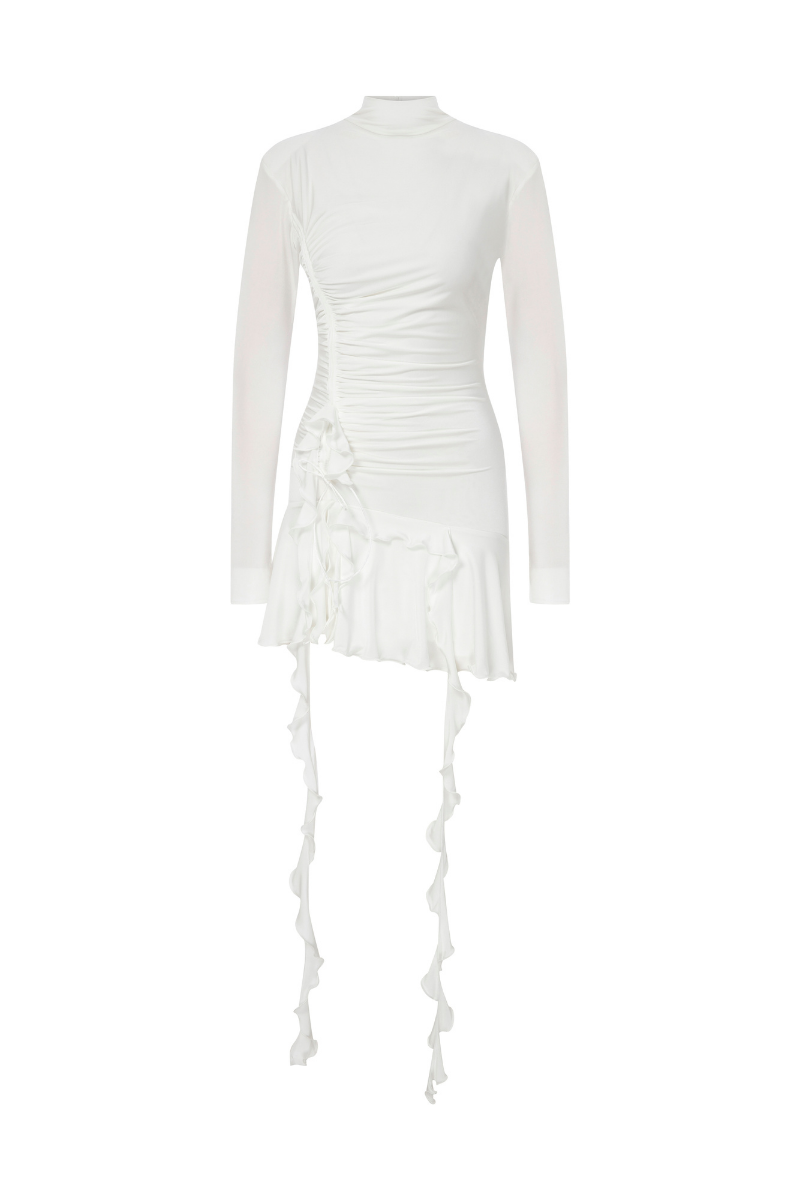 WHITE TURTLE NECK MINI JERSEY DRESS WITH RUFFLES | CULT MIA | Sudi Etuz WHITE TURTLE NECK MINI JERSEY DRESS WITH RUFFLES | CULT MIA | Sudi Etuz
