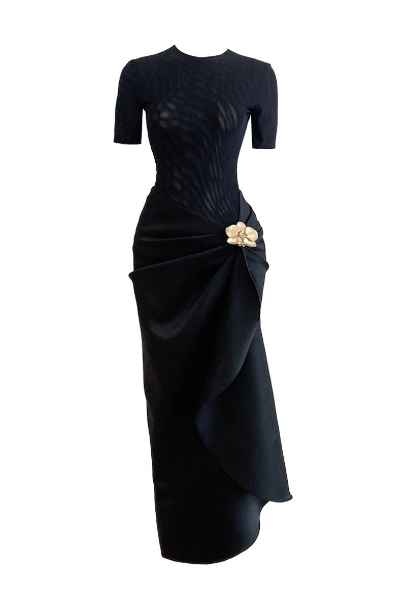 BLACK ORCHID STYLIZED WAIST-DIPPED SILK MIDI DRESS | CULT MIA | Do Long BLACK ORCHID STYLIZED WAIST-DIPPED SILK MIDI DRESS | CULT MIA | Do Long