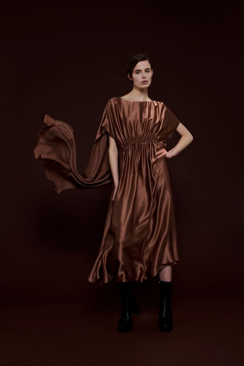 CAPE-EFFECT DRESS IN BROWN - CULT MIA