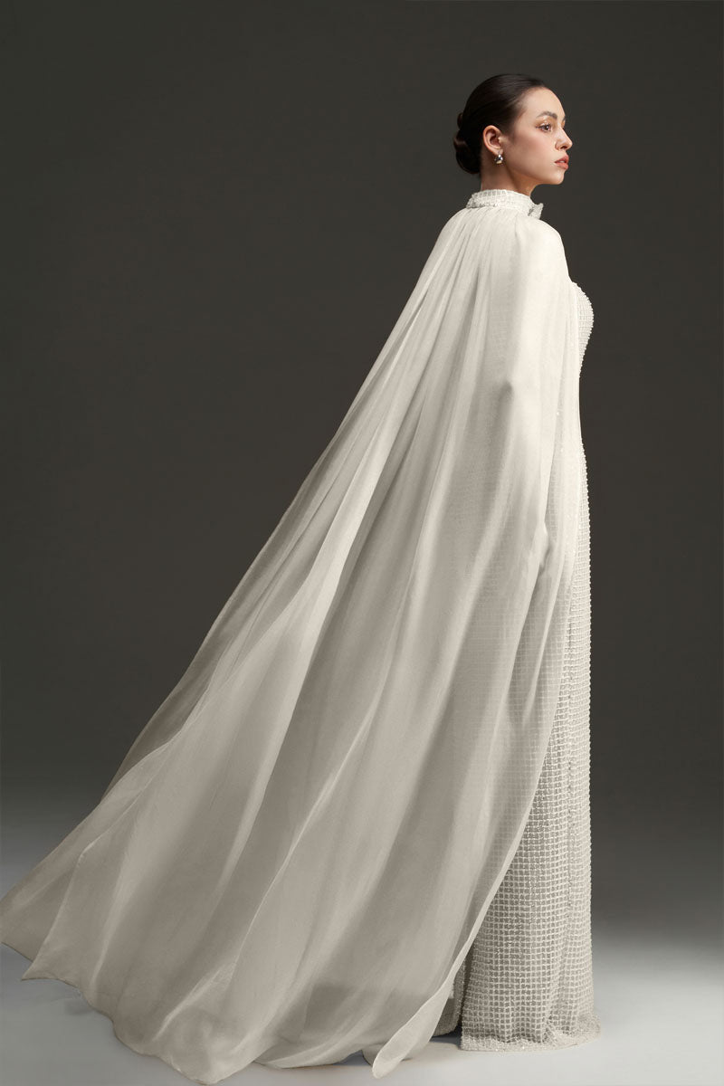 PEARL SQUARE MESH LACE AND CHIFFON DRESS IN SILVER - CULT MIA