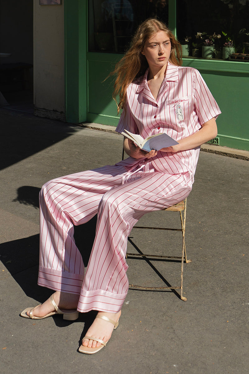 MUSEUM OF CRUSH SHORT-SLEEVE LONG-PANTS PAJAMA SET IN PINK STRIPE - CULT MIA