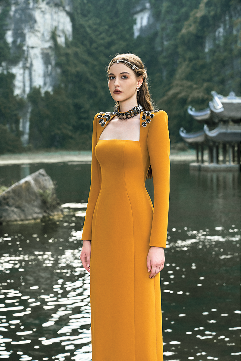 YELLOW CHOKER SHOULDER STONE EMBELLISHED GOWN - CULT MIA