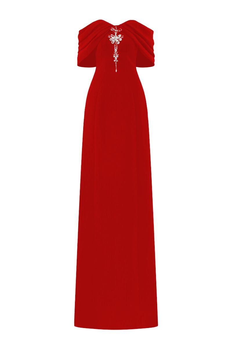 RED GATHERED OFF-SHOULDER GOWN - CULT MIA