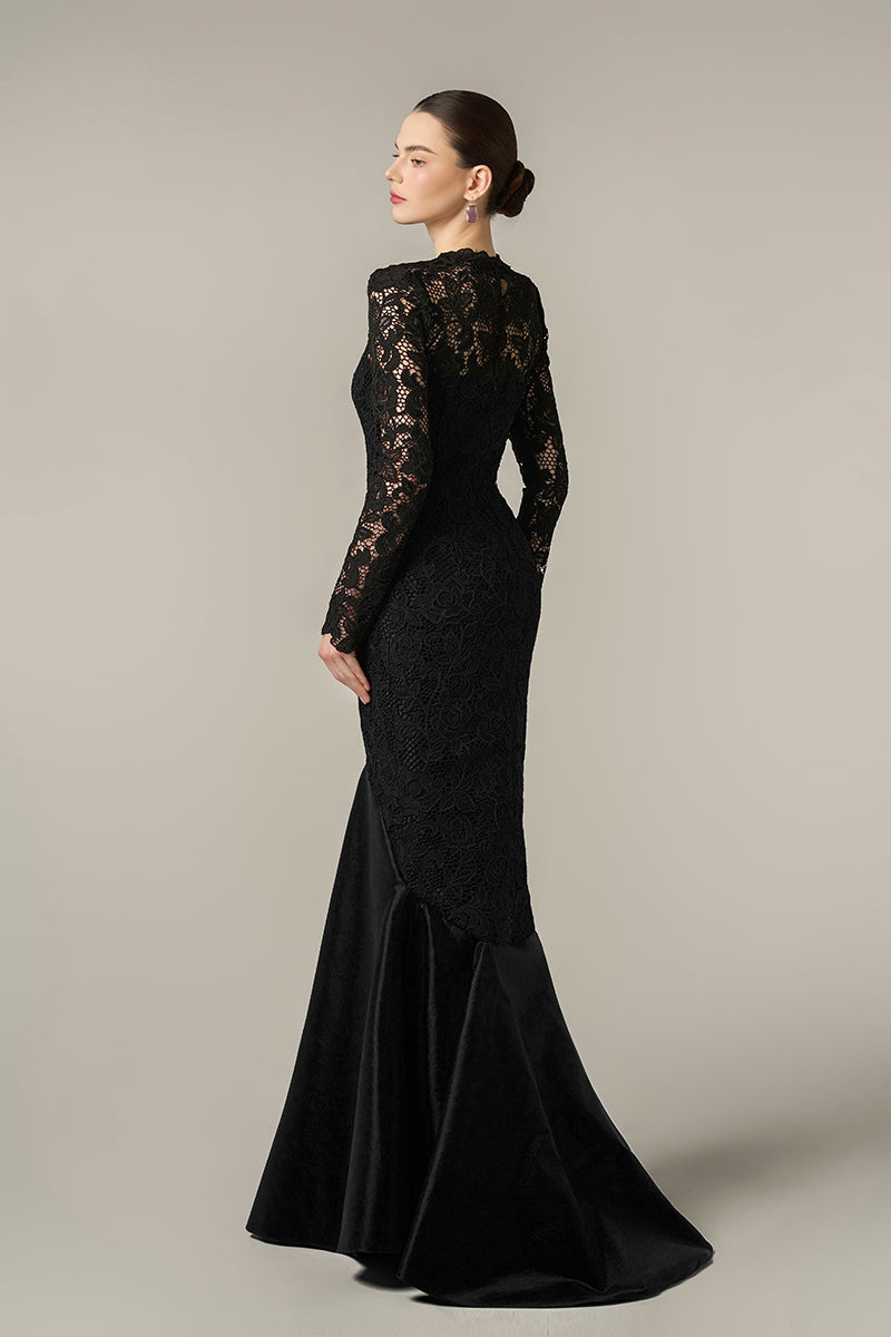 GUIPURE LACE AND TAFFETA DRESS IN BLACK - CULT MIA
