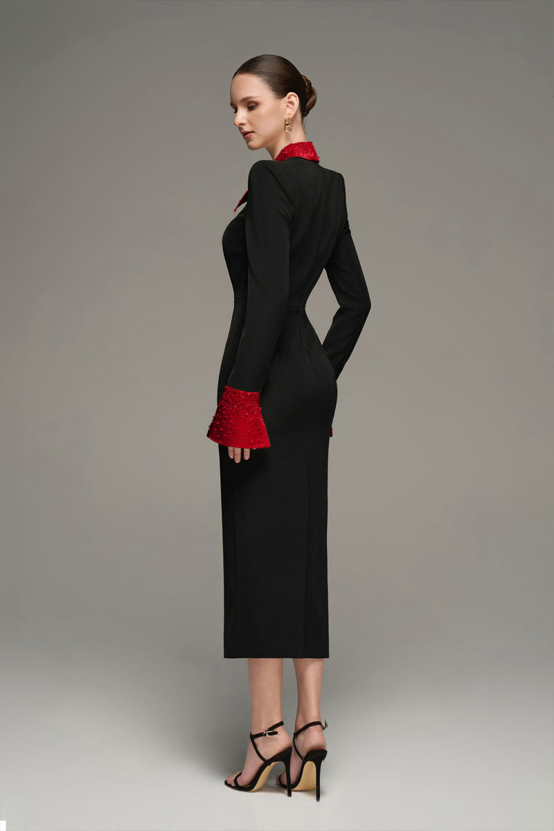 V-NECK FLARED CUFF KNEE LENGTH DRESS IN BLACK AND RED - CULT MIA