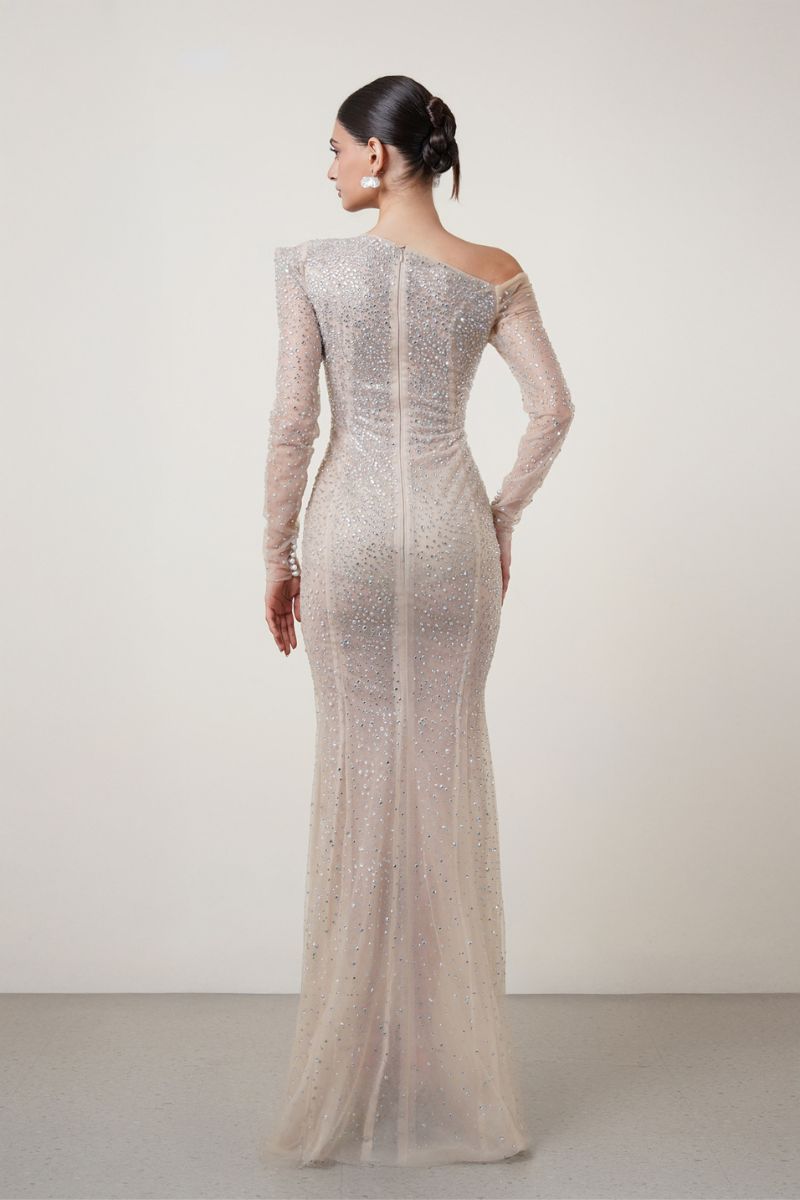 CRYSTAL LONG SLEEVES GOWN IN NEUTRAL - CULT MIA