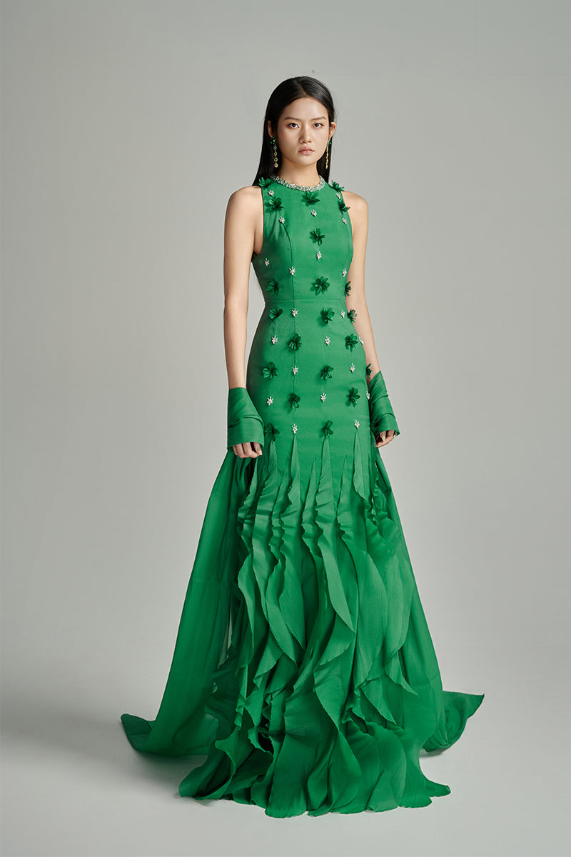 CULT MIA X HAPPY CLOTHING POTTER MERMAID JEWEL NECK ORGANZA MAXI DRESS IN GREEN - CULT MIA