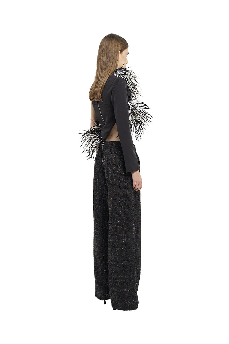 FEATHER ASYMMETRICAL TOP IN BLACK - CULT MIA