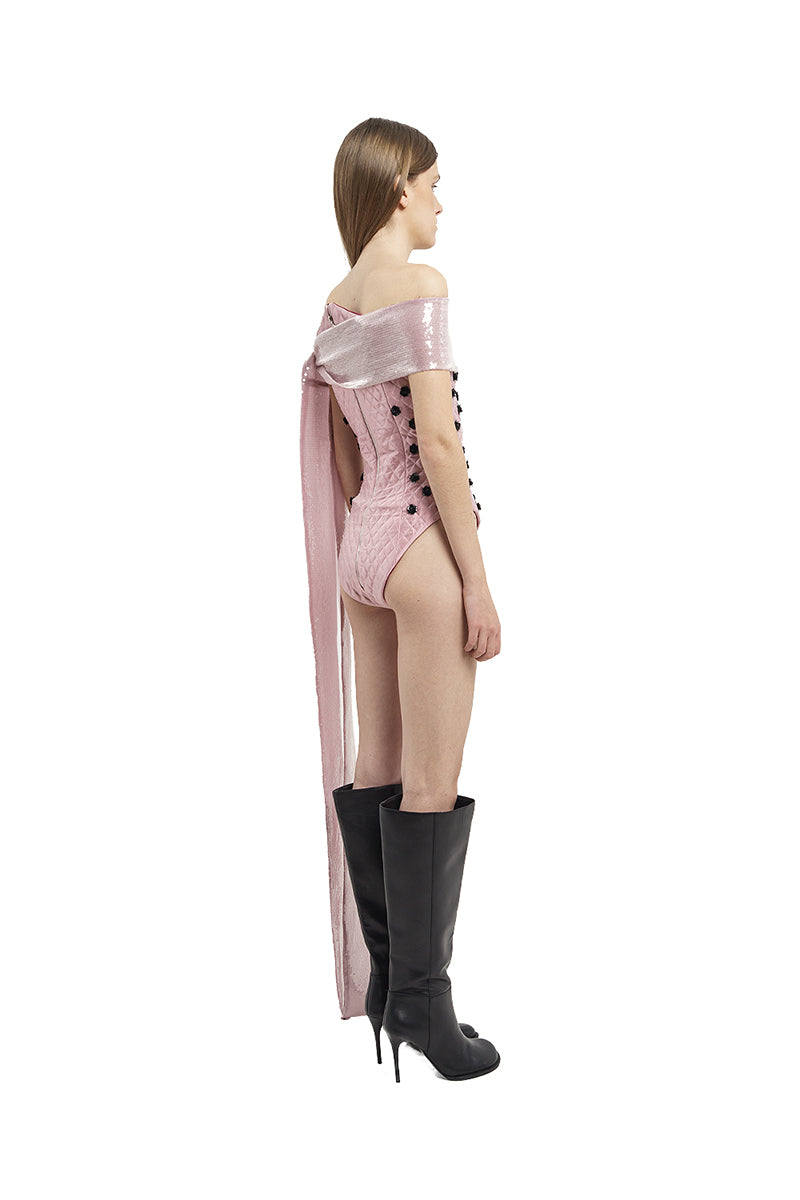 QUILTED BODYSUIT WITH FLOWER EMBROIDERY IN PINK - CULT MIA