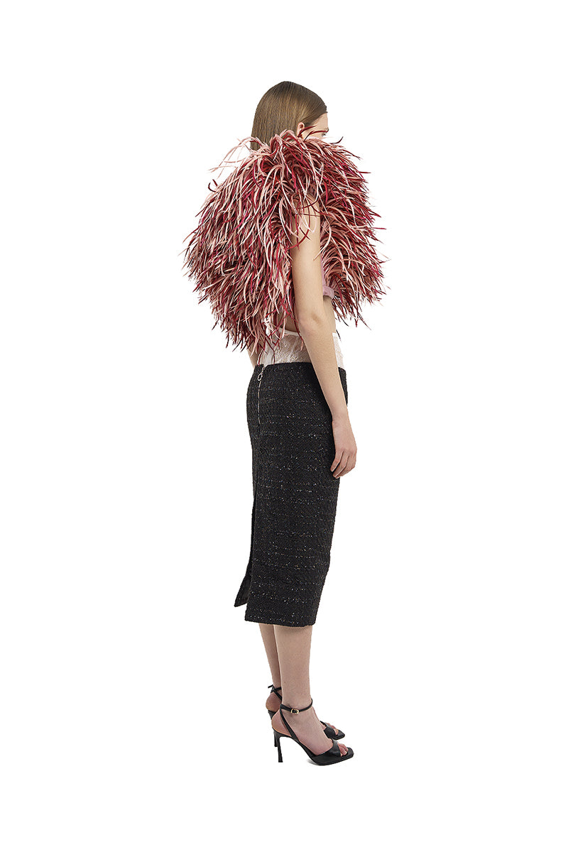 FEATHER ASYMMETRICAL CORSET IN BURGUNDY AND PINK - CULT MIA