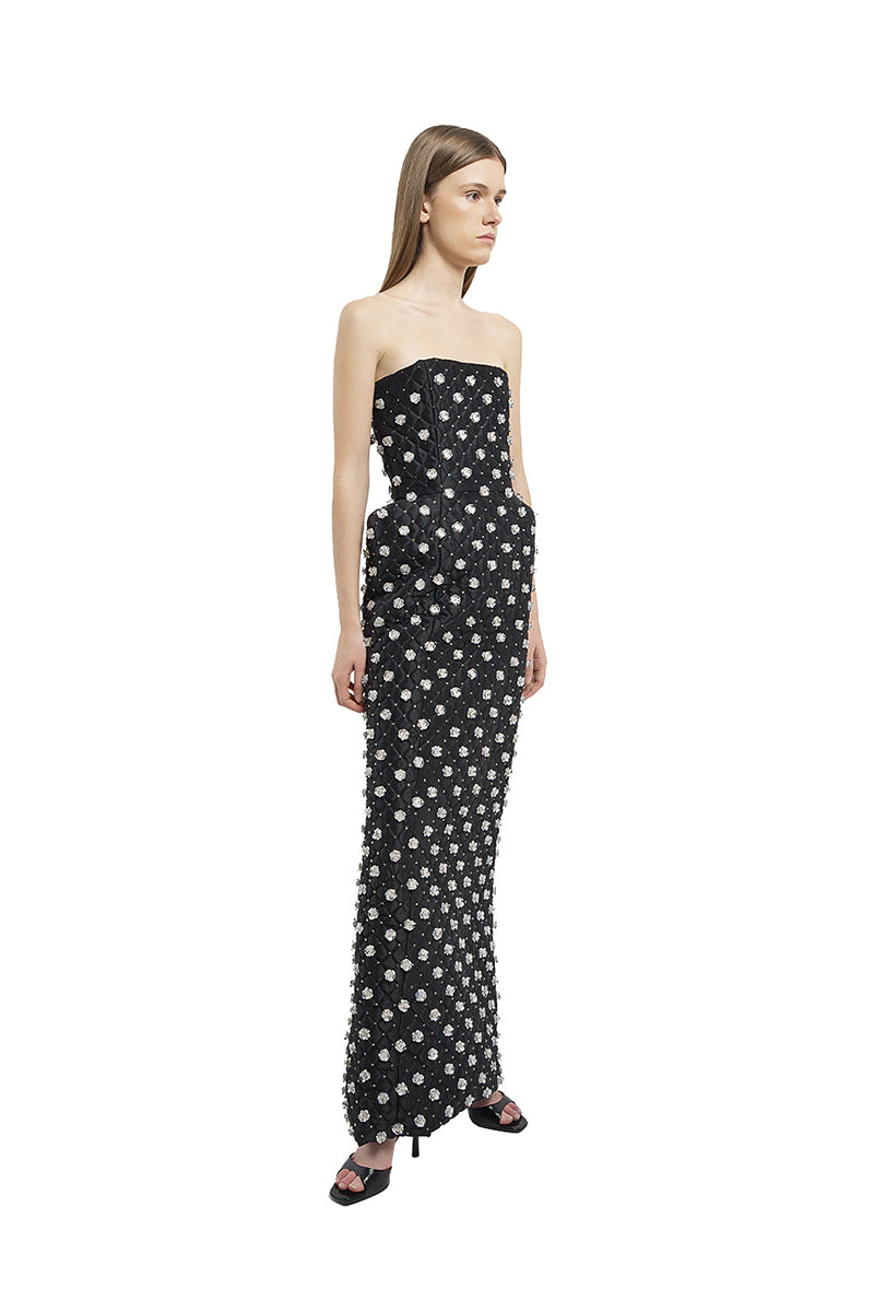QUILTED DRESS WITH SILVER FLOWER EMBROIDERY IN BLACK - CULT MIA