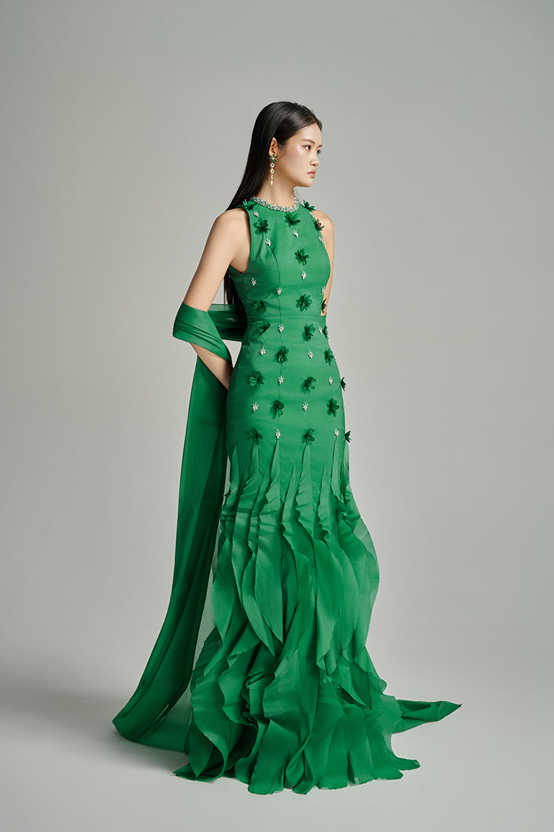 CULT MIA X HAPPY CLOTHING POTTER MERMAID JEWEL NECK ORGANZA MAXI DRESS IN GREEN - CULT MIA