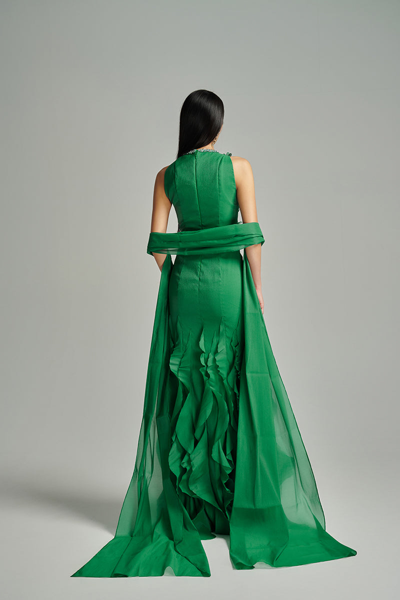 CULT MIA X HAPPY CLOTHING POTTER MERMAID JEWEL NECK ORGANZA MAXI DRESS IN GREEN - CULT MIA