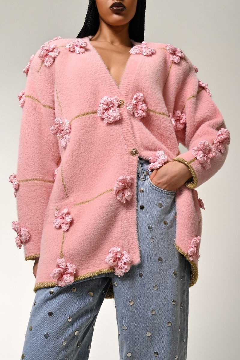 OVERSIZED CARDIGAN WITH FLOWERS IN PINK AND GOLD - CULT MIA