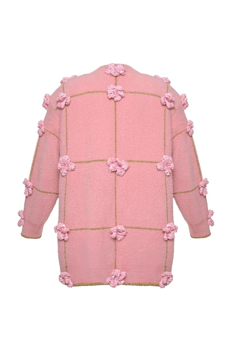 OVERSIZED CARDIGAN WITH FLOWERS IN PINK AND GOLD - CULT MIA