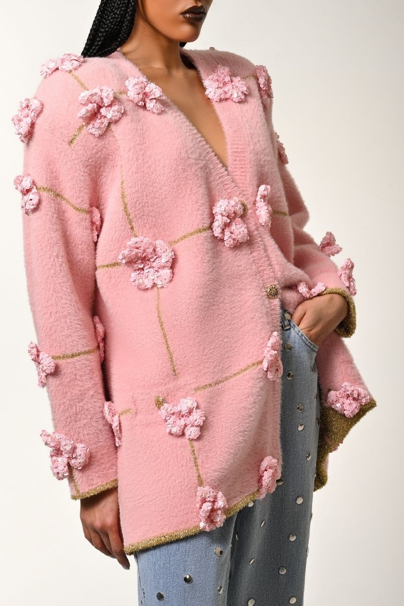 OVERSIZED CARDIGAN WITH FLOWERS IN PINK AND GOLD - CULT MIA