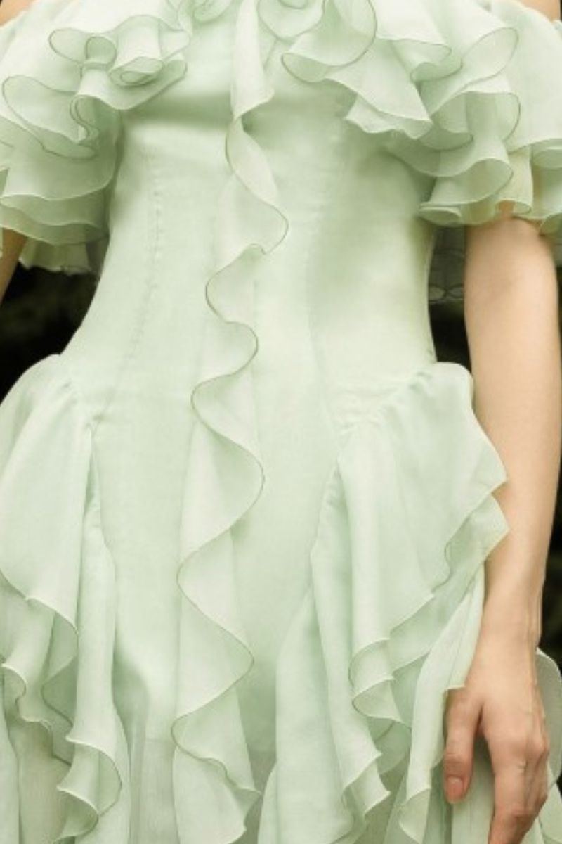 ELISABETH MINT SILK RUFFLES DRESS - CULT MIA
