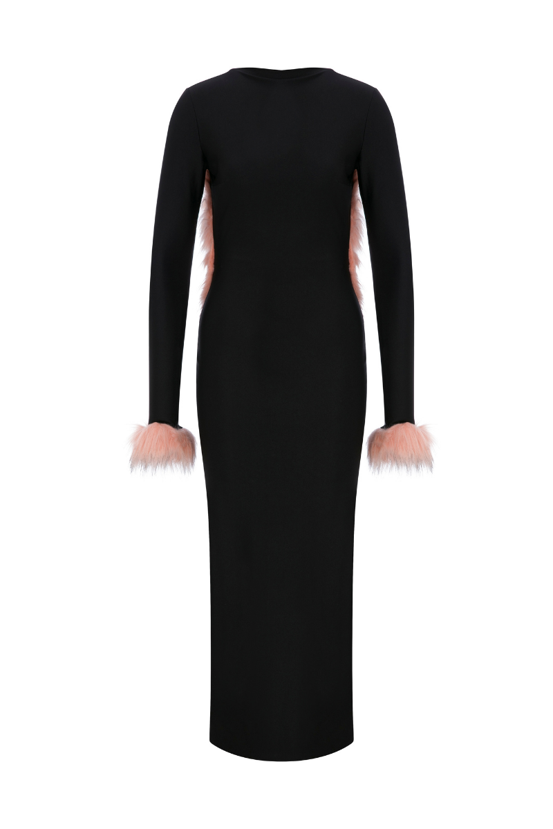JERSEY BACKLESS MIDI DRESS WITH FAUX FUR TRIMMINGS | CULT MIA | Sudi Etuz JERSEY BACKLESS MIDI DRESS WITH FAUX FUR TRIMMINGS | CULT MIA | Sudi Etuz