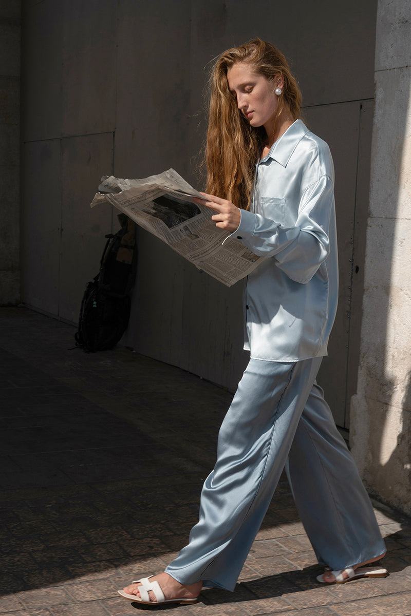 MEMORIES OF NICE MEDITERRANEAN MIST BLUE SILK LONG SET - CULT MIA