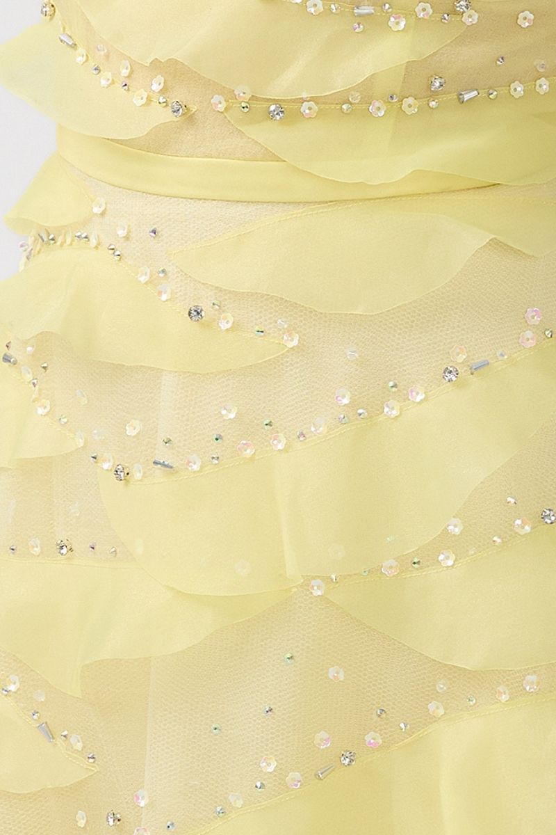 LIGHT YELLOW ORGANZA LAYERED MIDI DRESS - CULT MIA