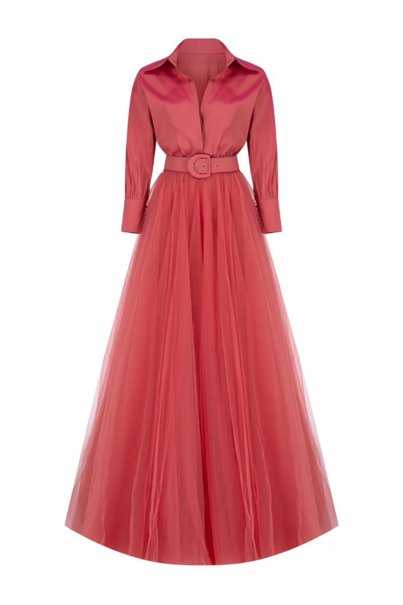 ARZU TERRACOTTA COLLARED V-NECK GOWN - CULT MIA