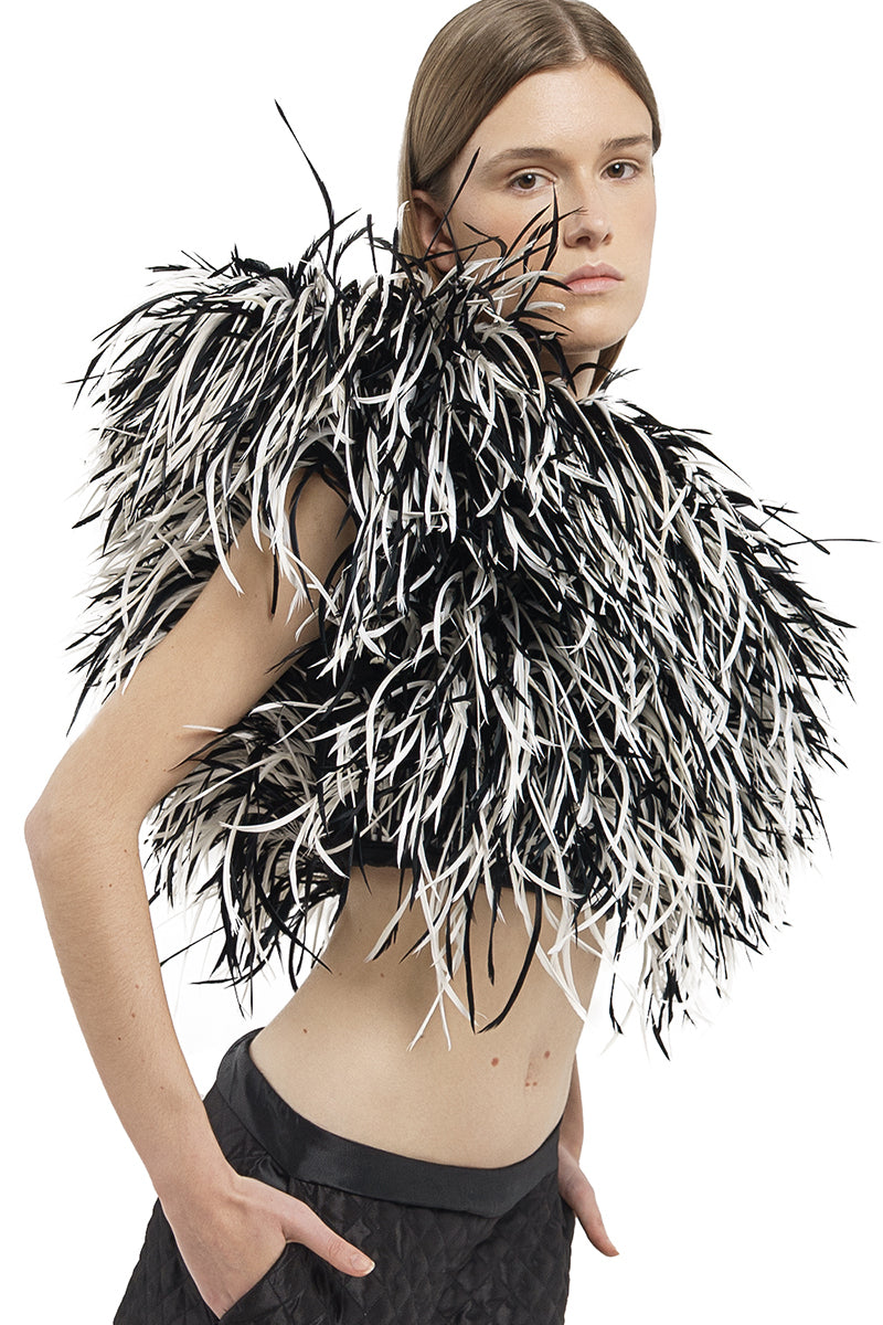 FEATHER ASYMMETRICAL CORSET IN BLACK AND WHITE - CULT MIA