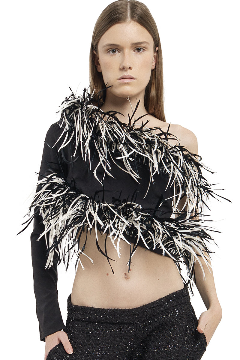 FEATHER ASYMMETRICAL TOP IN BLACK - CULT MIA