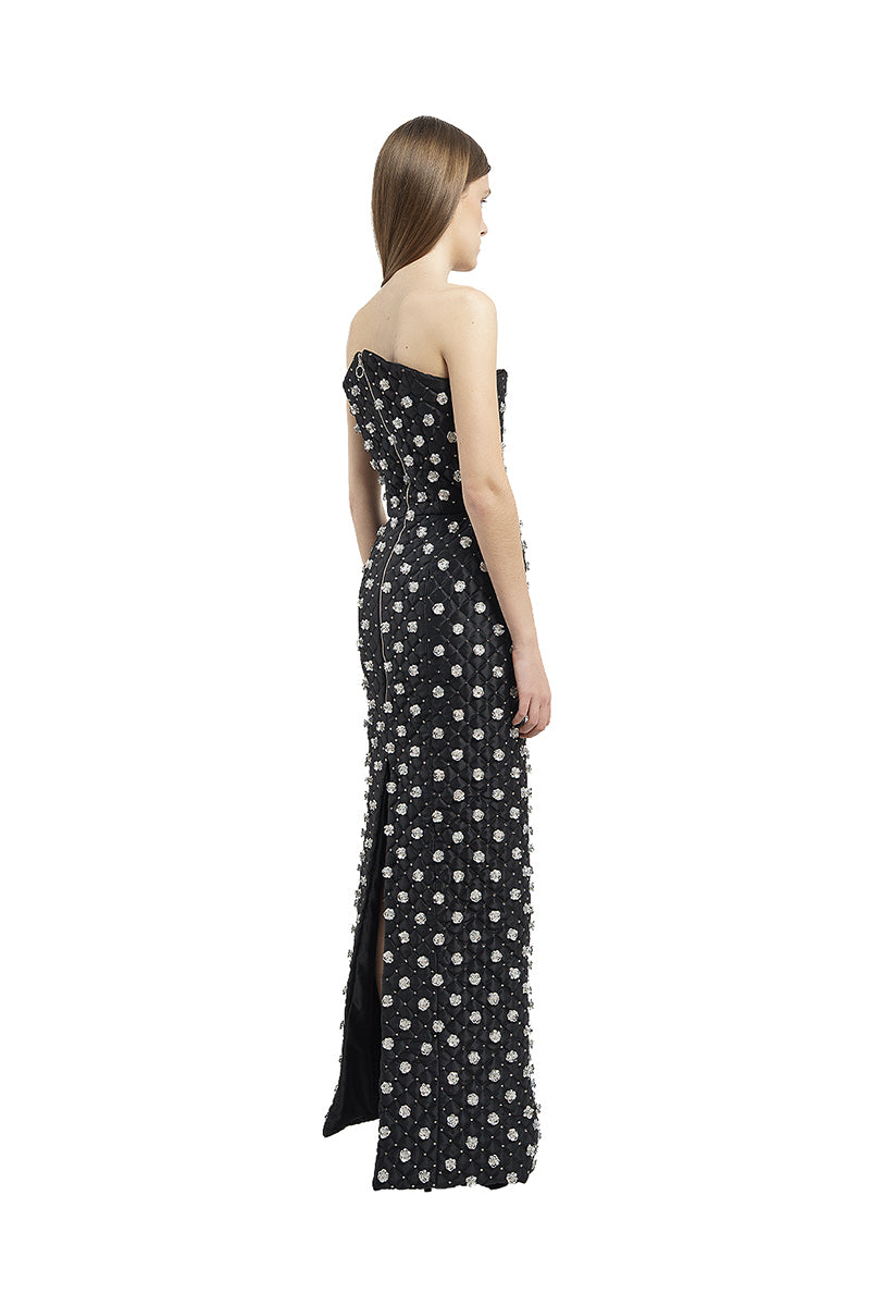 QUILTED DRESS WITH SILVER FLOWER EMBROIDERY IN BLACK - CULT MIA
