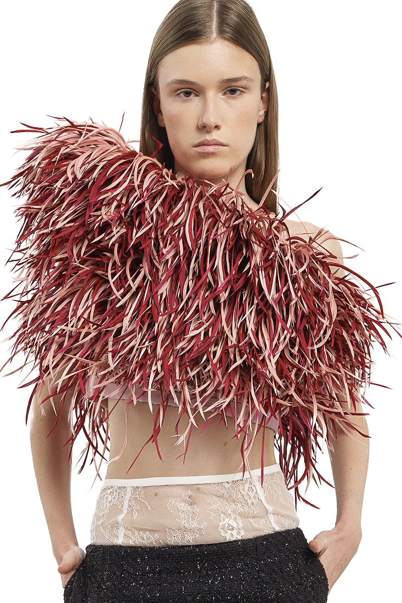 FEATHER ASYMMETRICAL CORSET IN BURGUNDY AND PINK - CULT MIA