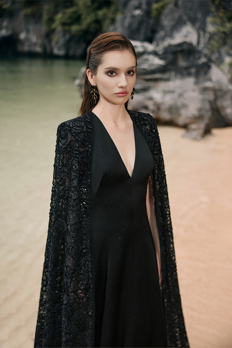 STYLIZED NECKLINE WAVY FLOWING CAPE SLEEVES DRESS - CULT MIA