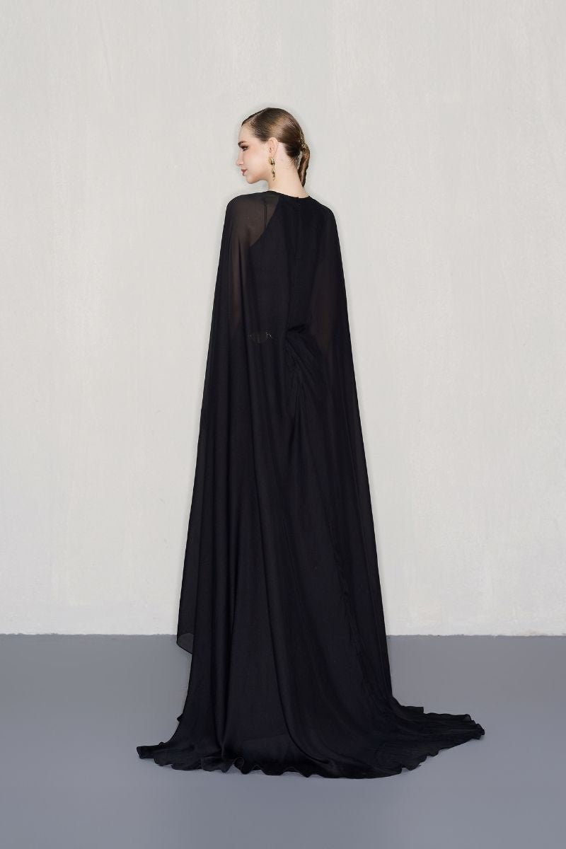 BLACK CHIFFON GOWN WITH GOLD BELT - CULT MIA