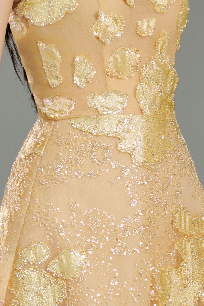 GOLD STRAPLESS CRYSTAL MAXI DRESS IN BEIGE - CULT MIA