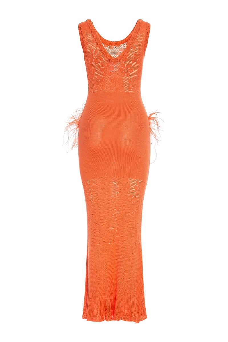 VANILLA CORAL KNIT DRESS WITH FEATHERS - CULT MIA