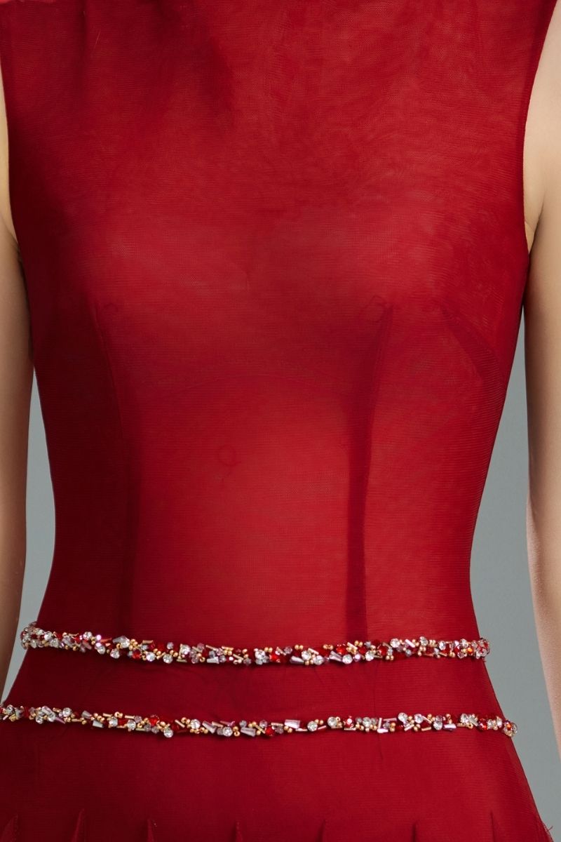 HIGH NECK ORGANZA A LINE MIDI DRESS IN RED - CULT MIA