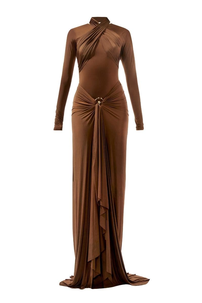 JUNE CHOCOLATE BROWN FITTED MAXI DRESS