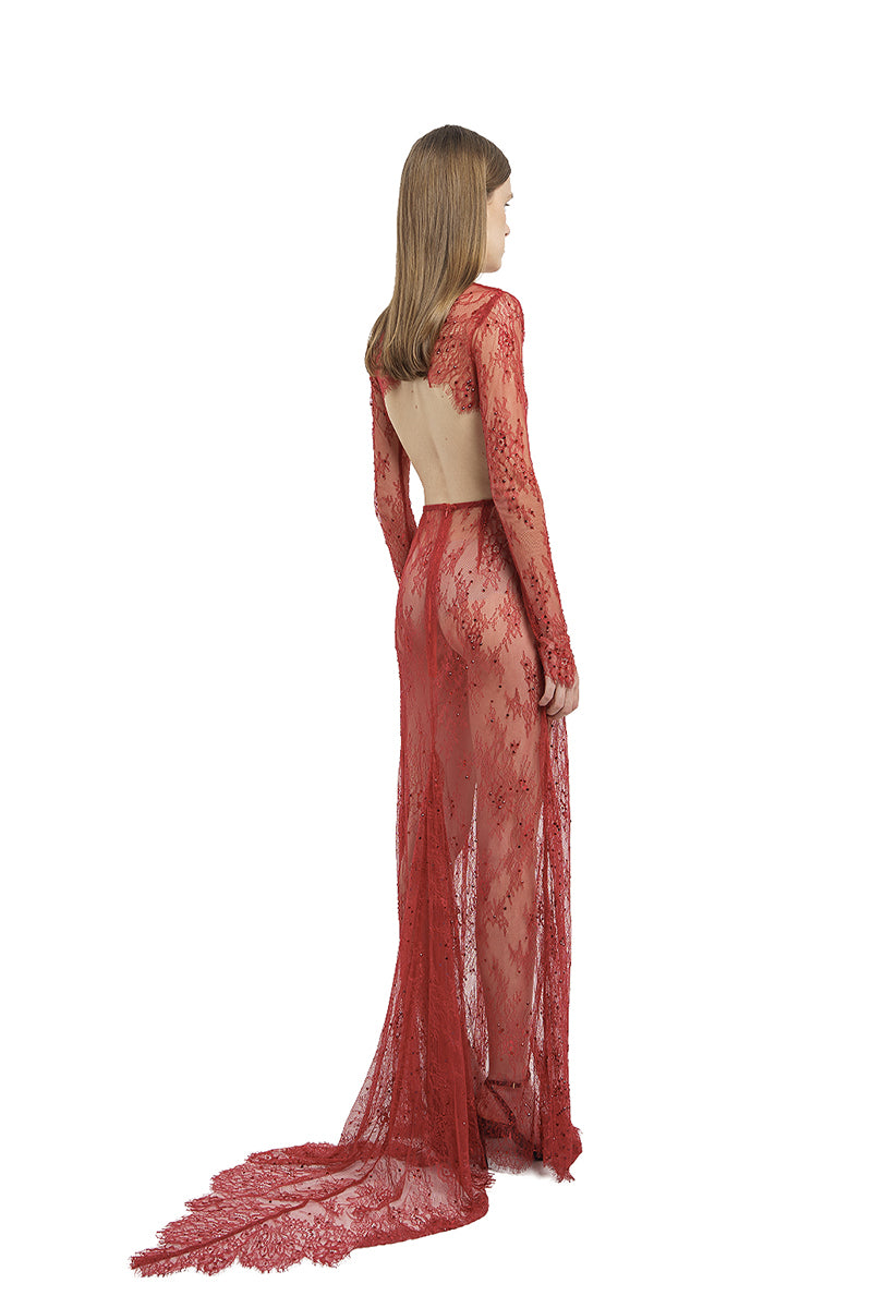 LACE LONG DRESS IN RED - CULT MIA