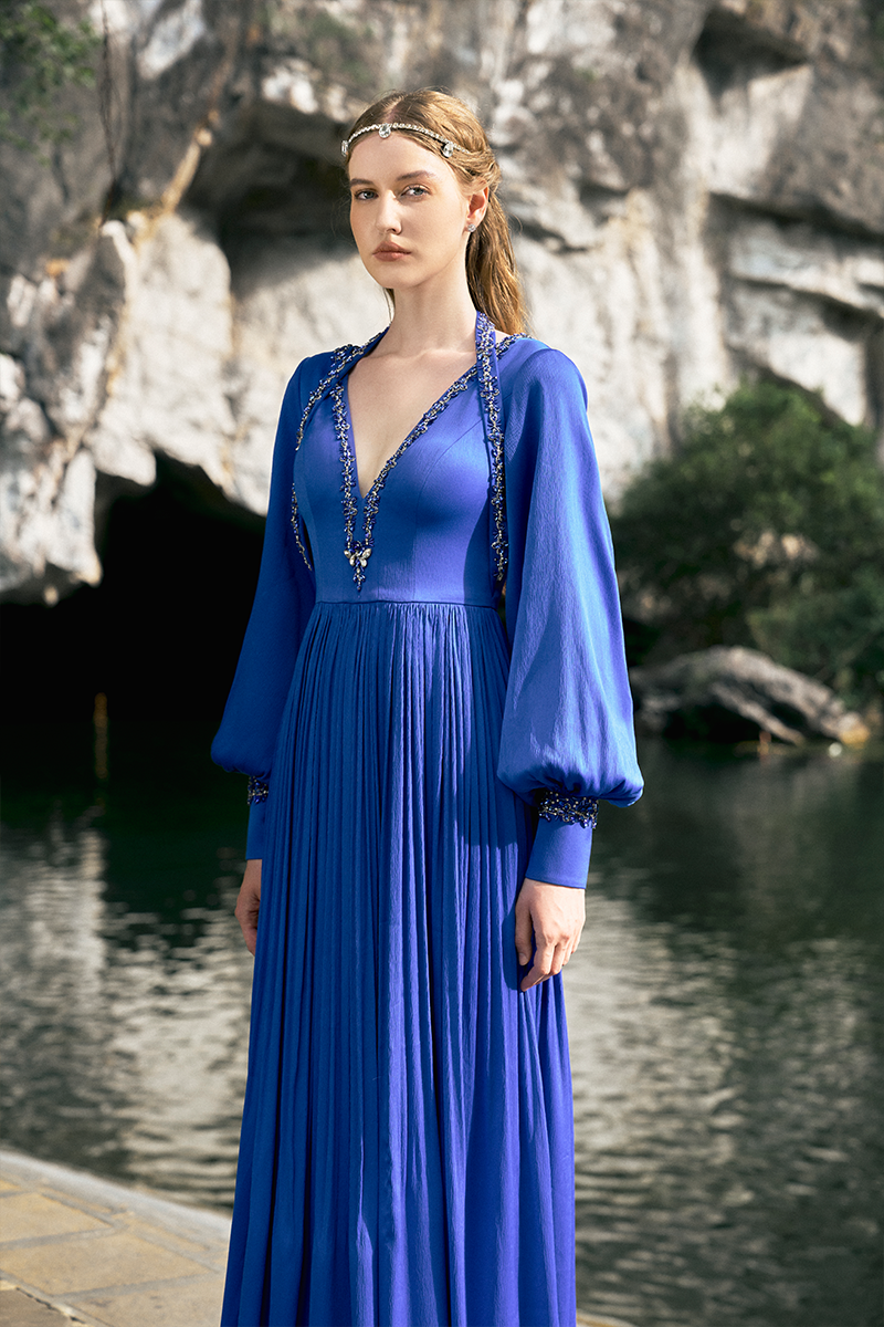 COBALT LONG PUFFY SLEEVE V-NECK GOWN - CULT MIA
