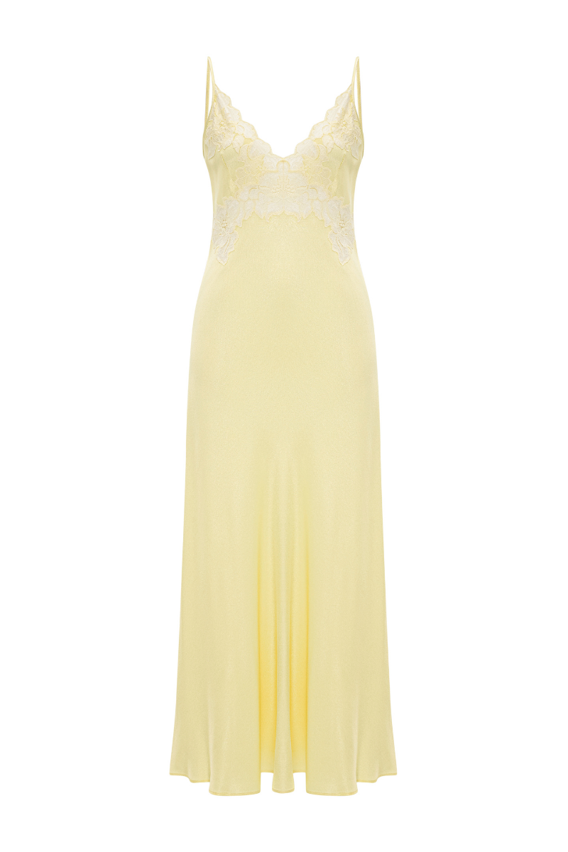 CAROLINE LONG RAYON NIGHTGOWN WITH BUTTER YELLOW LACE - CULT MIA