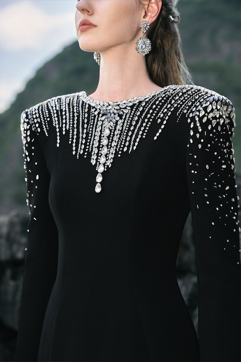 BLACK LONG SLEEVE OPEN BACK GOWN - CULT MIA