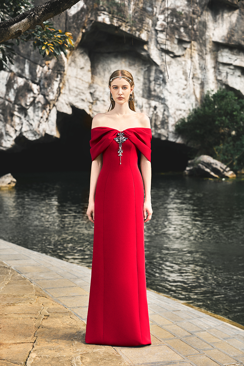 RED GATHERED OFF-SHOULDER GOWN - CULT MIA