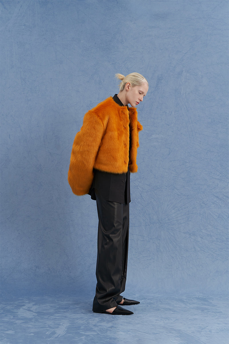 EXAGGERATED SHOULDER SHEARLING JACKET IN ORANGE - CULT MIA