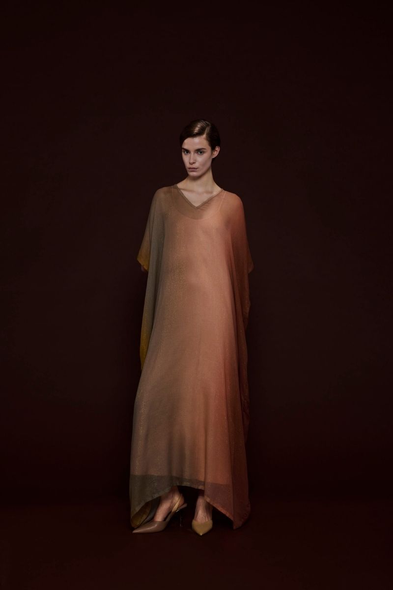 METALLIC OMBRE PRINT KAFTAN IN BROWN - CULT MIA